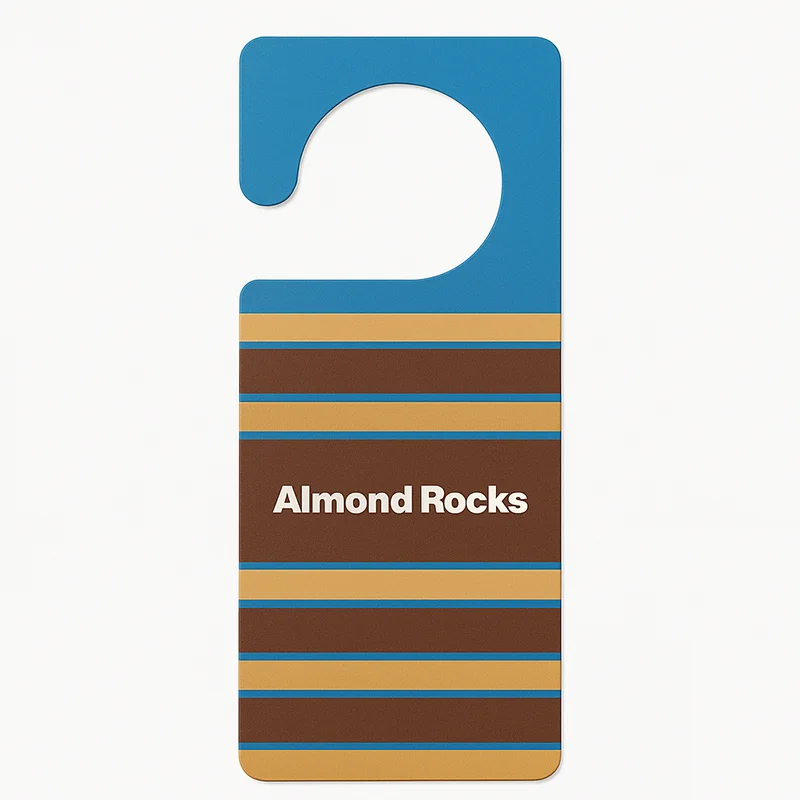 Almond-scented door hanger air freshener with blue and brown striped design