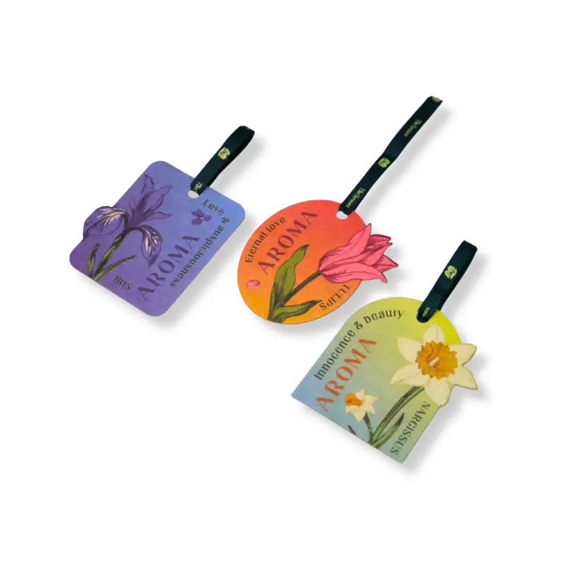 Mixed-design biodegradable paper air fresheners with hanging ribbons, eco-friendly scent set