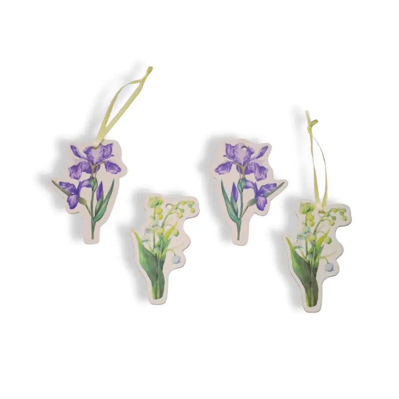 Scented paper card with iris design in sealed pouch