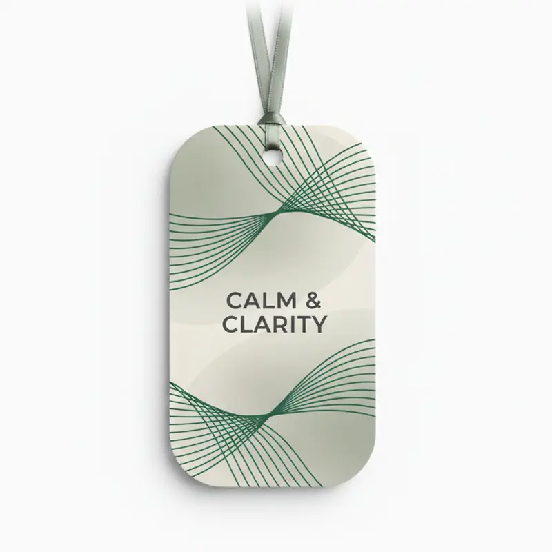 Calm & Clarity paper air freshener with green abstract wave pattern