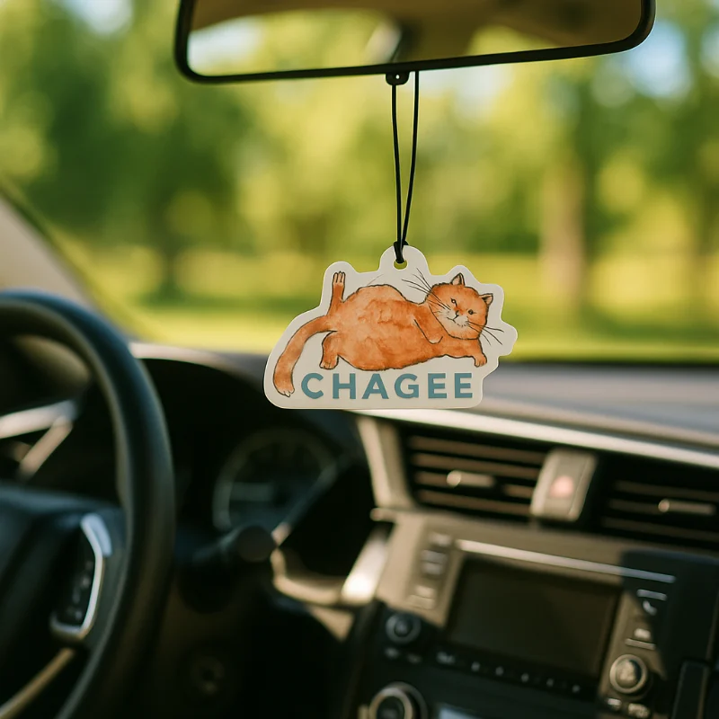 CHAGEE cat-themed tea-fragrance car air freshener hanging in car interior