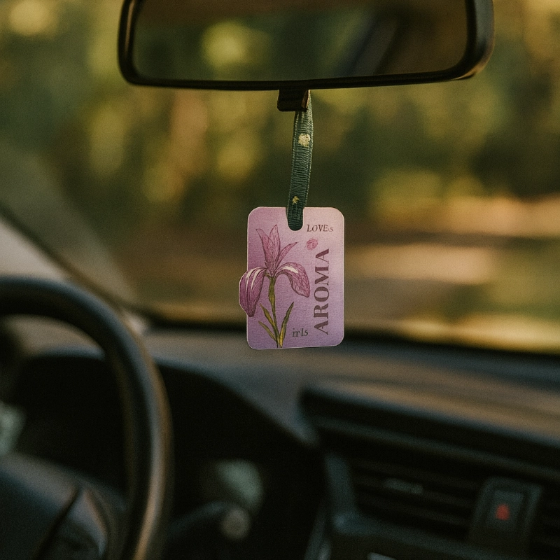Oriental Freesia car air freshener hanging from rearview mirror inside car