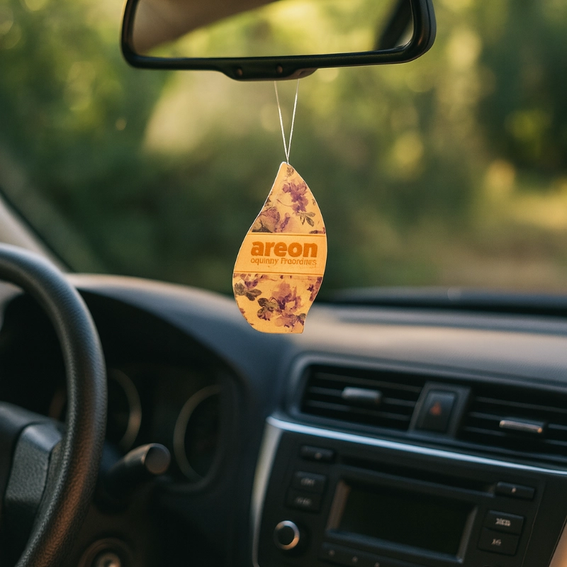 Violet car air freshener hanging from rearview mirror inside car – natural floral scent