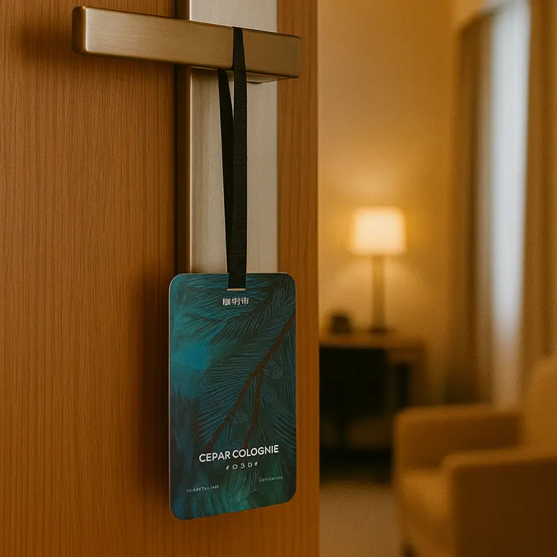 Cedar Cologne air freshener hanging on hotel door for room scenting