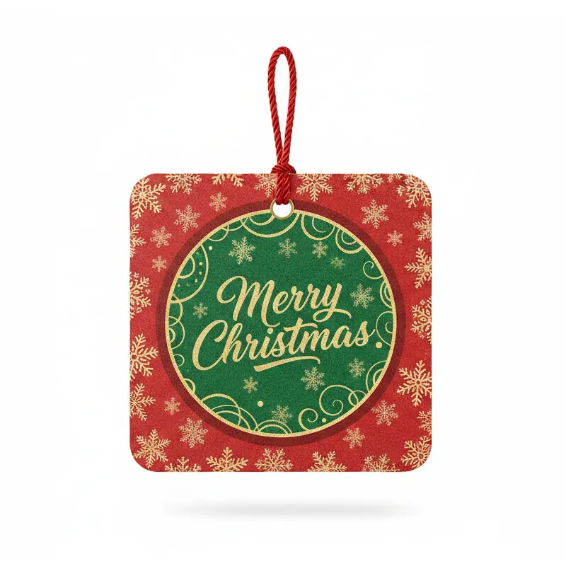 Red and green Merry Christmas paper air freshener with snowflake pattern