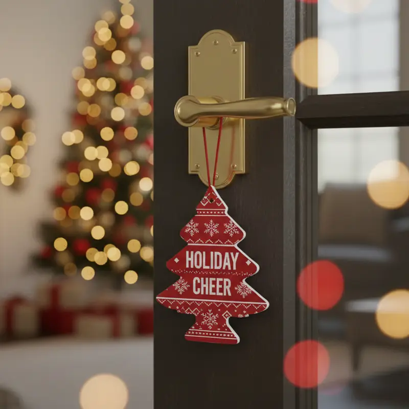 Christmas tree air freshener hanging on door handle in holiday home scene
