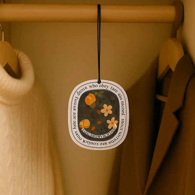 Rounded-square floral illustration air freshener hanging inside a wardrobe for home scenting