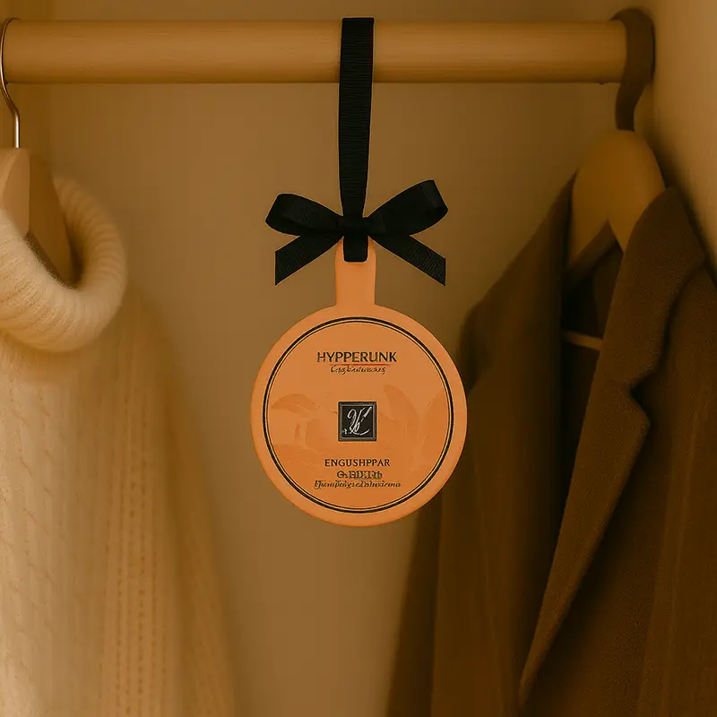 Orange English Pear & Freesia air freshener hanging in a wardrobe for fresh scenting
