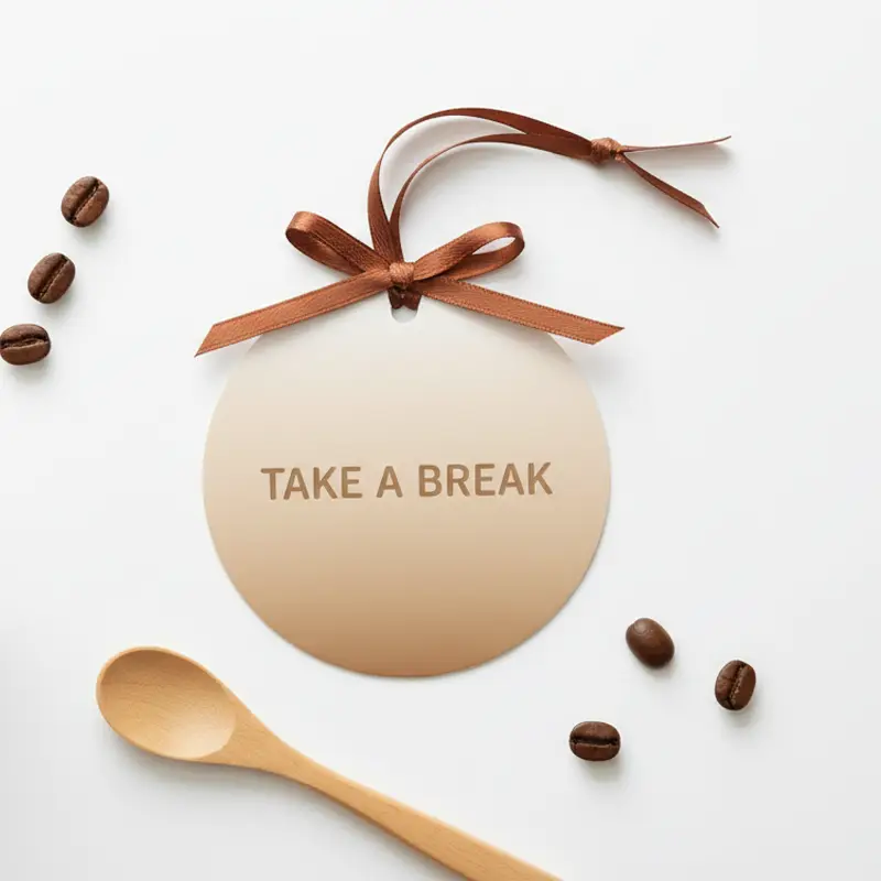 Flatlay round coffee-themed paper air freshener on white desk