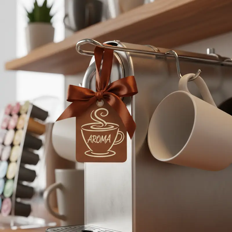 Paper air freshener with coffee cup icon hanging on coffee machine