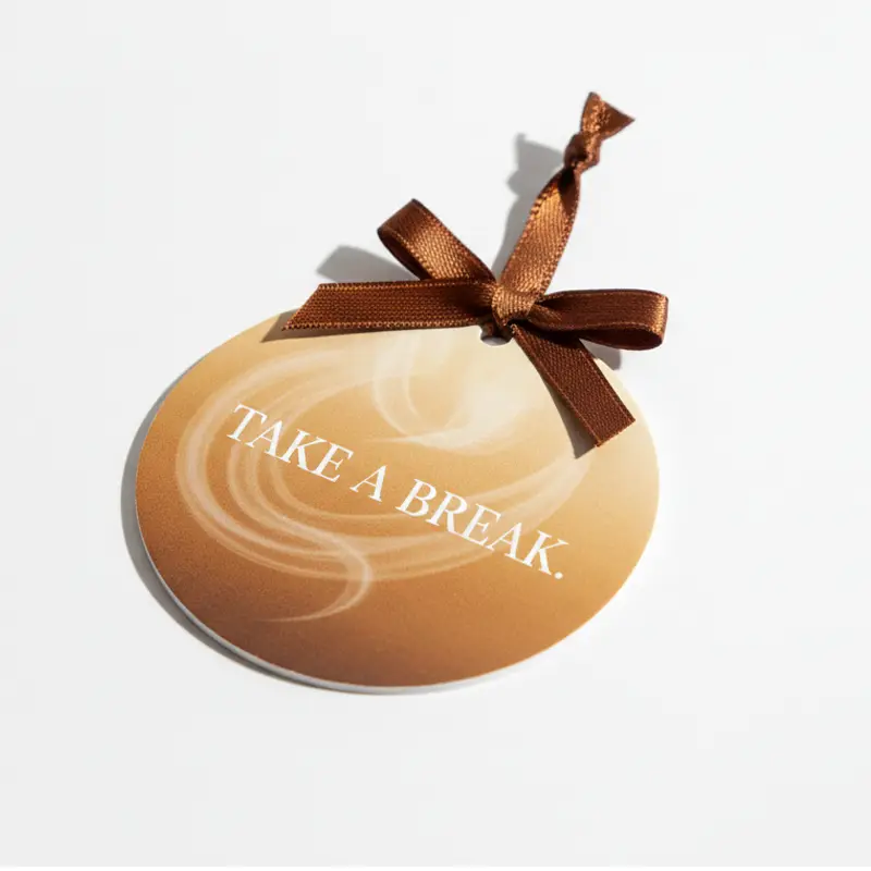 Steam-print coffee break round paper air freshener with ribbon