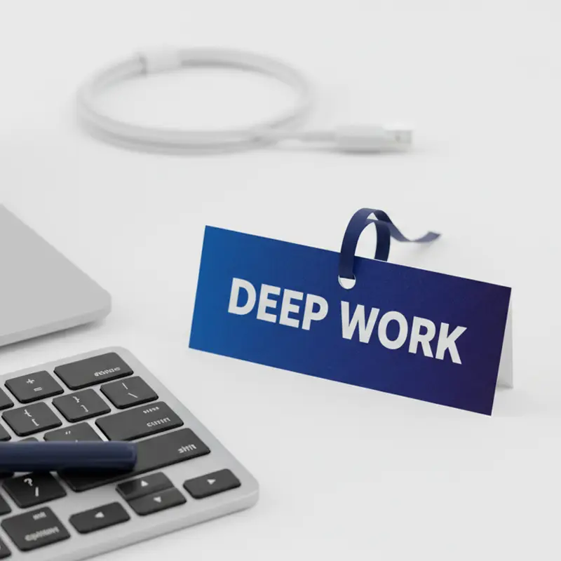 Deep Work paper air freshener displayed on a modern office desk