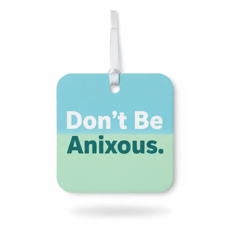 Square paper air freshener in blue-green tones printed with Don’t Be Anxious