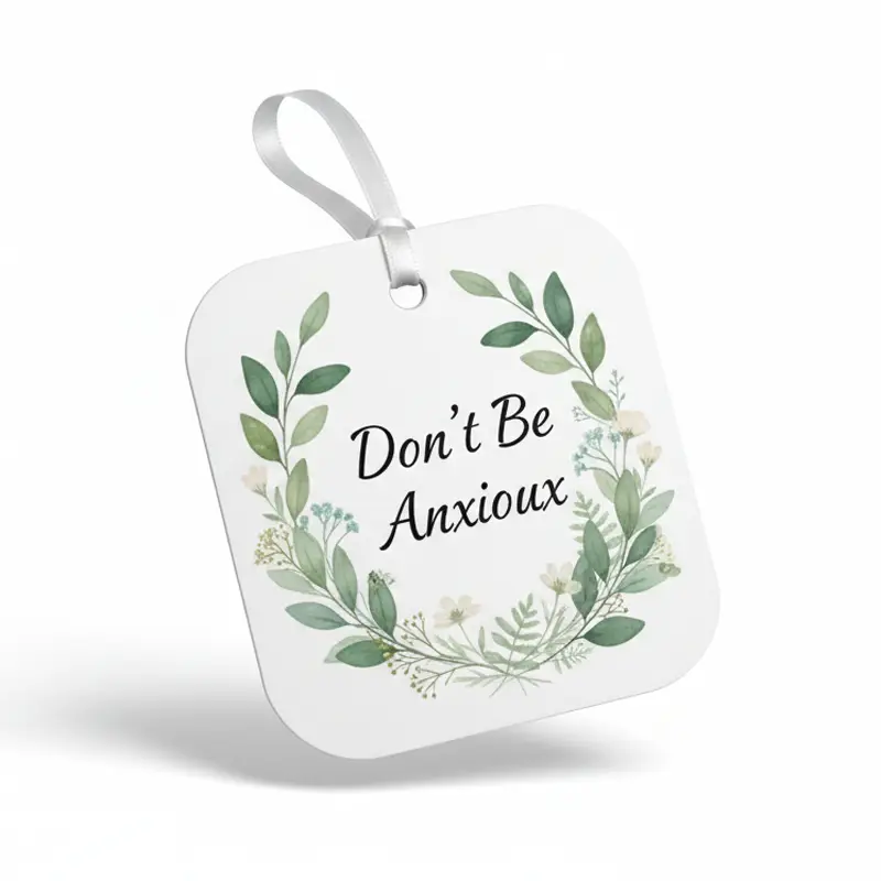 Botanical wreath-designed paper air freshener with Don’t Be Anxious quote