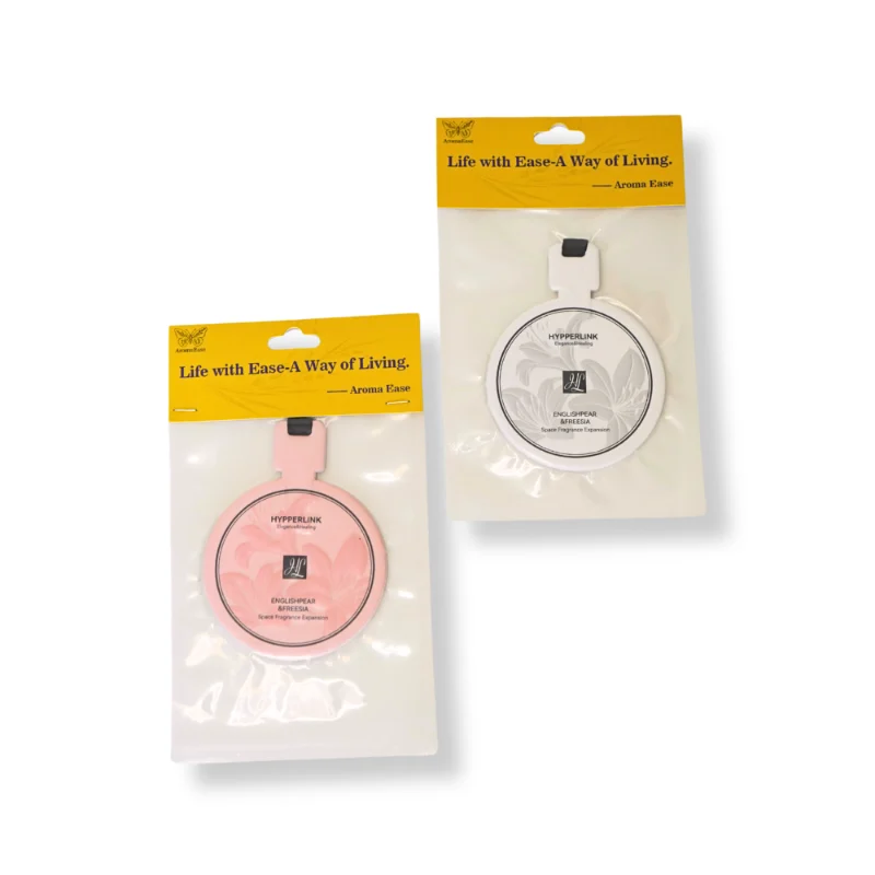 English Pear & Freesia round air freshener packaged in hanging retail bags