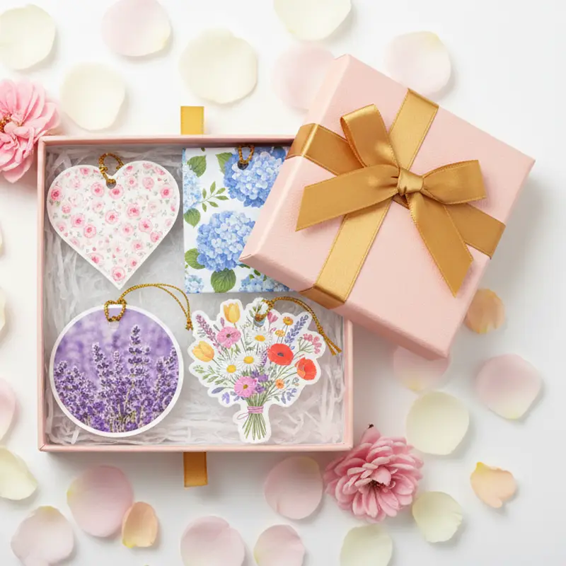 Gift box set of mixed floral paper air fresheners in heart, round and bouquet shapes