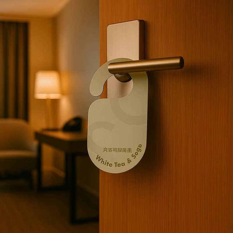 White tea and sage scented air freshener hanging on hotel room door handle