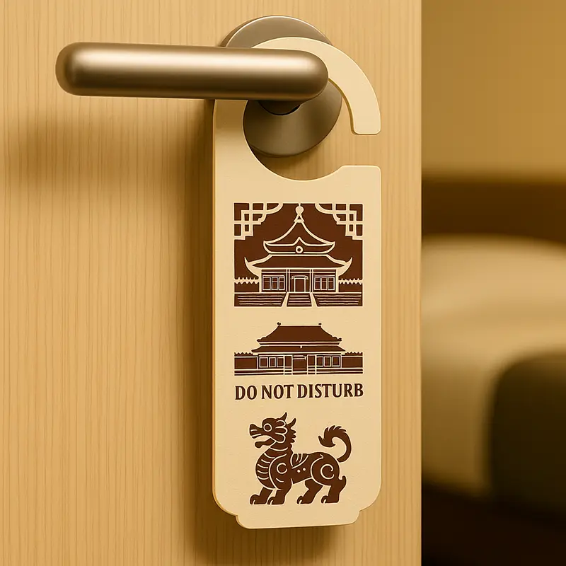 Do Not Disturb hanger with oriental design hanging on a hotel room door