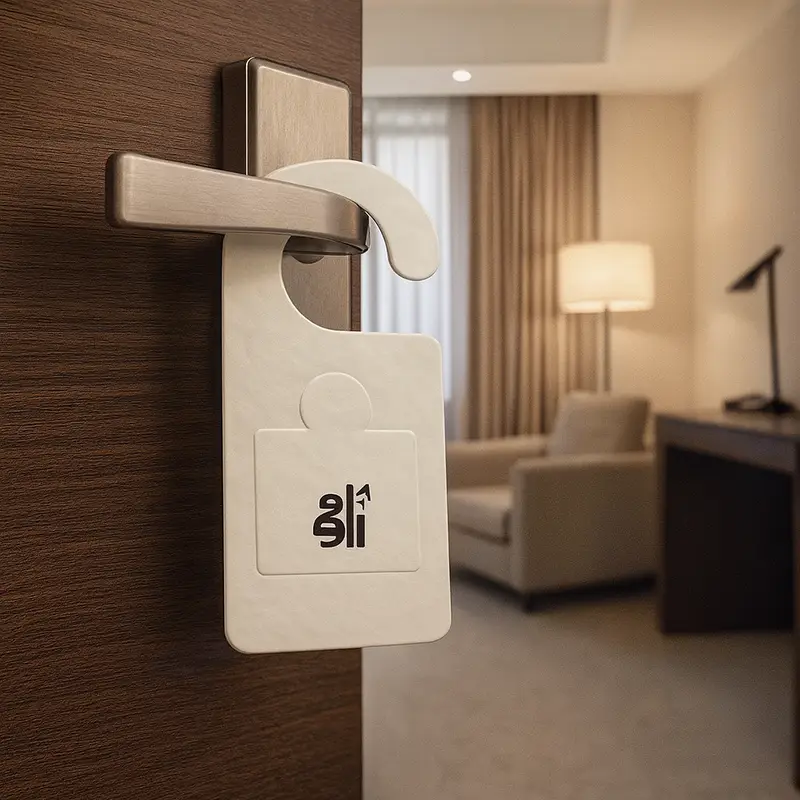 Hotel room door displaying a white minimalist air freshener tag for fresh scent and guest welcoming