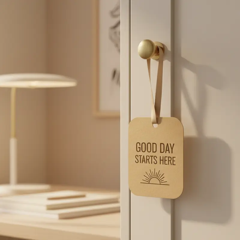 Minimalist beige aroma card standing with soft golden gradient design