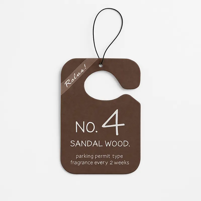 No.4 sandalwood parking-permit style air freshener card with brown fragrance design