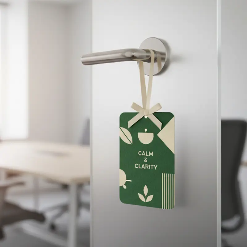 Green Calm & Clarity office air freshener hanging on meeting room door