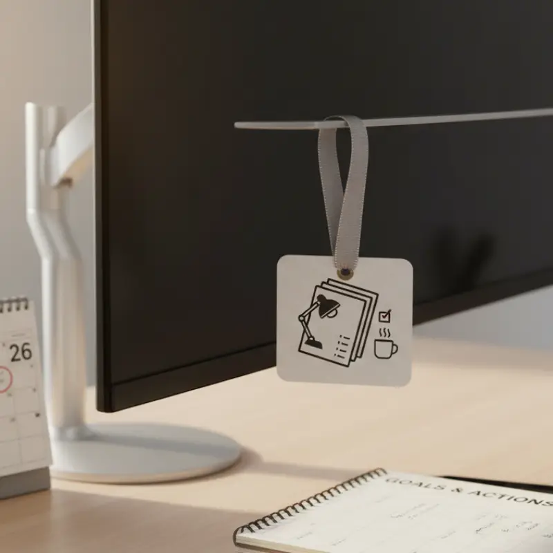 Hanging to-do list paper air freshener on monitor in modern workspace