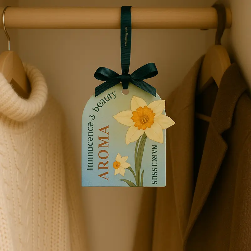 Pine scented paper air freshener hanging in home closet, custom shape with ribbon