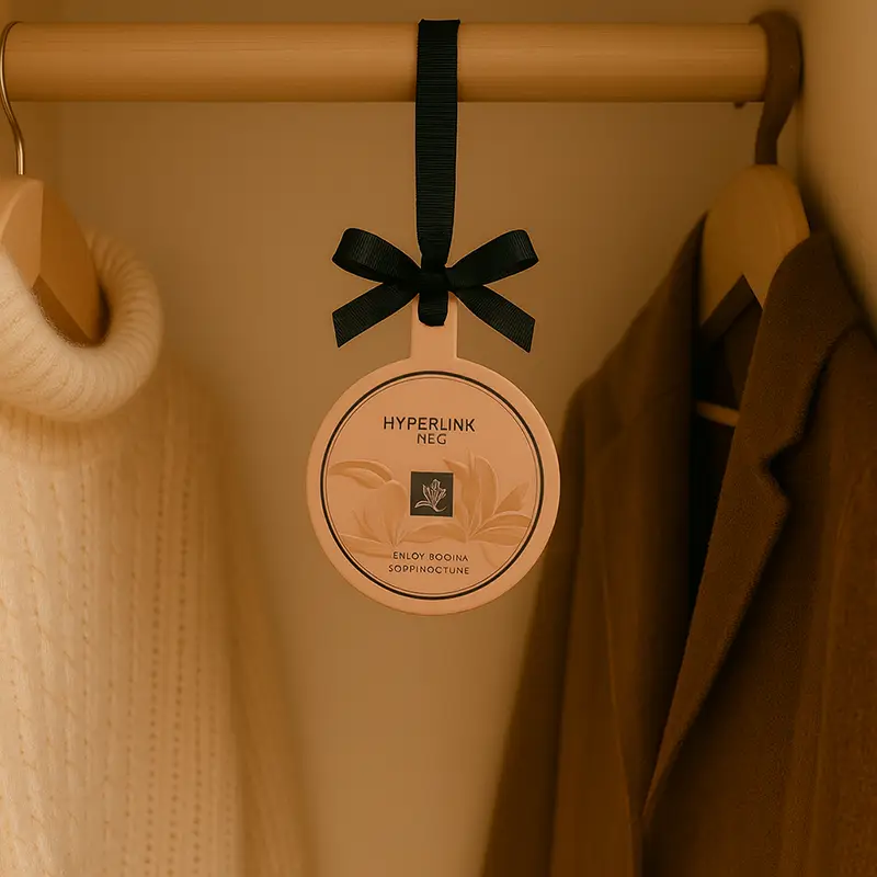 Round embossed paper air freshener hanging in home closet with ribbon