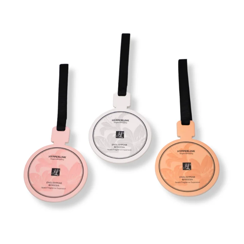 English Pear and Freesia hanging paper car air fresheners – pastel round fragrance cards with ribbon strap