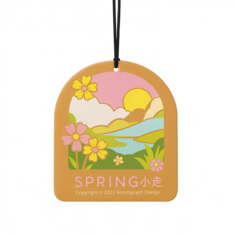 Spring-themed arch-shaped paper air freshener with colorful floral illustration