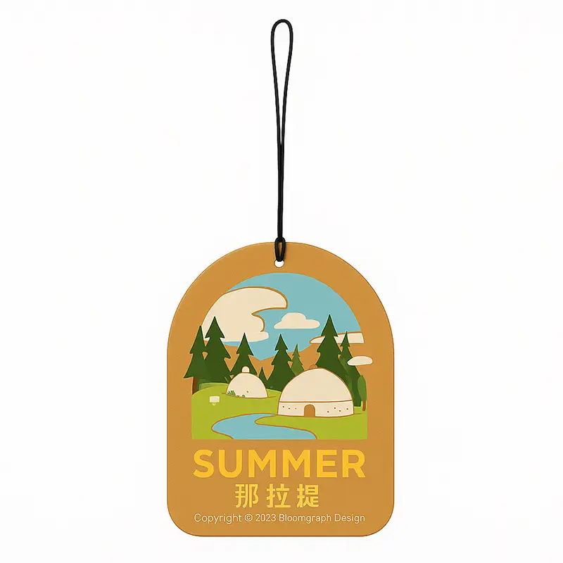 Summer-themed arch-shaped paper air freshener with illustrated forest and hut design