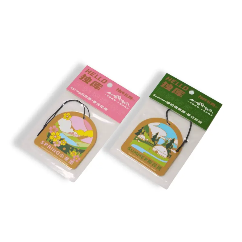 Packaged illustration-style summer and spring air fresheners with hanging strings