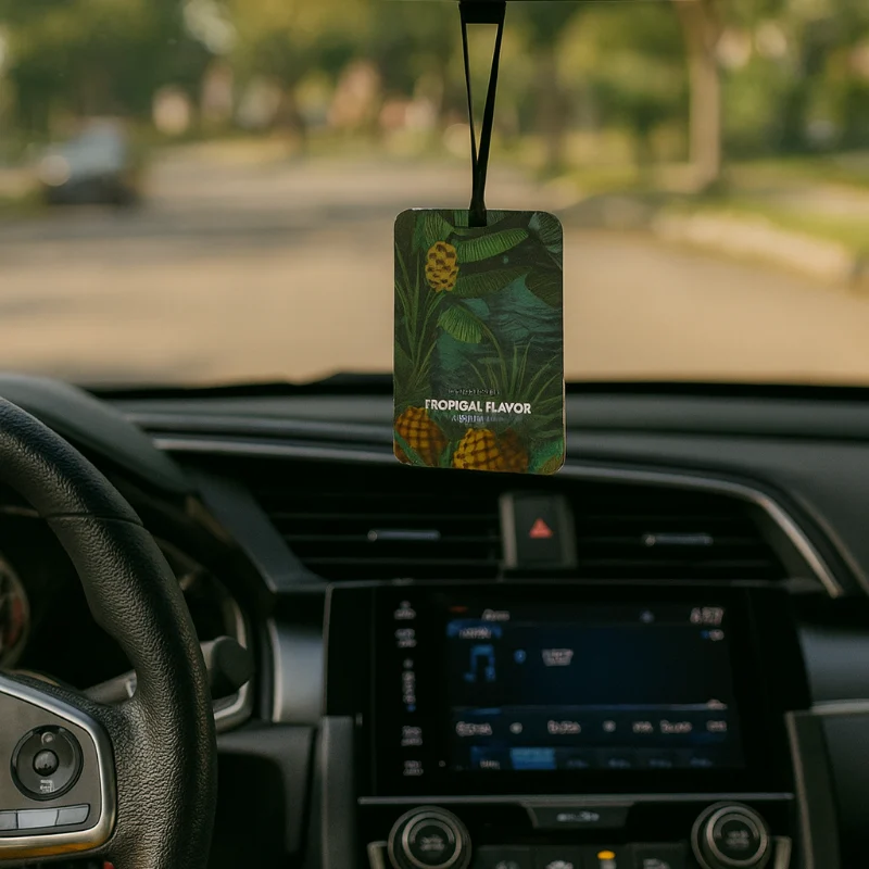 Tropical Flavor car air freshener hanging from rearview mirror – interior scene with natural forest aroma theme