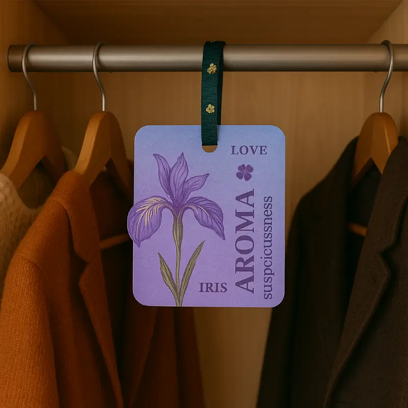 Wardrobe paper freshener hanging in closet, gardenia fragrance design