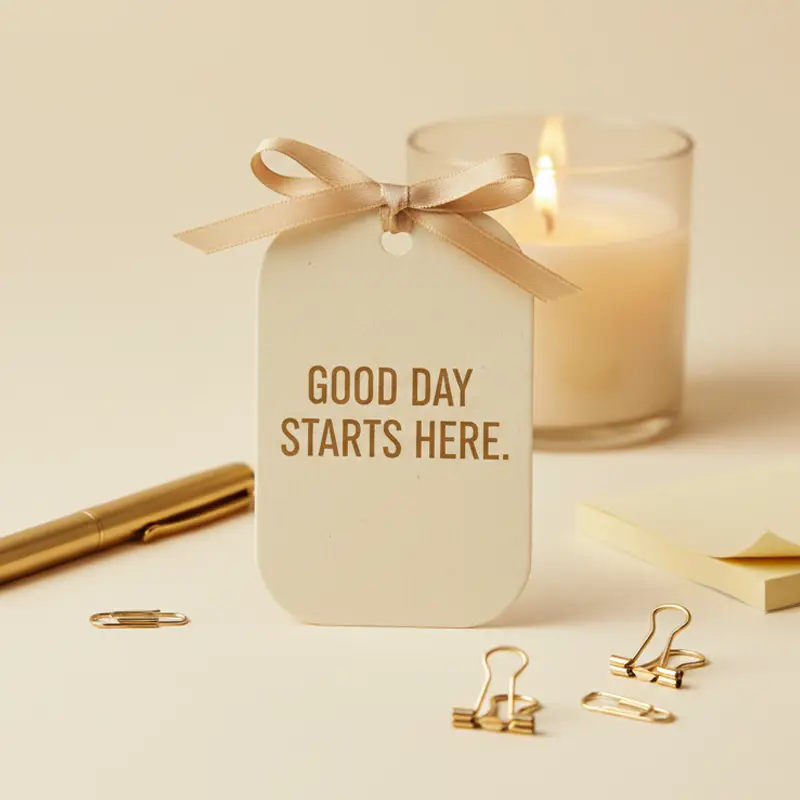 Warm office space with hanging aroma tag showing “Good Day Starts Here”