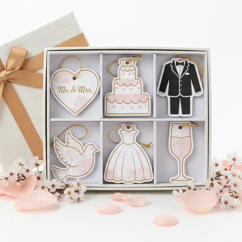 Wedding gift box set with assorted bride, groom, cake, and dove air fresheners