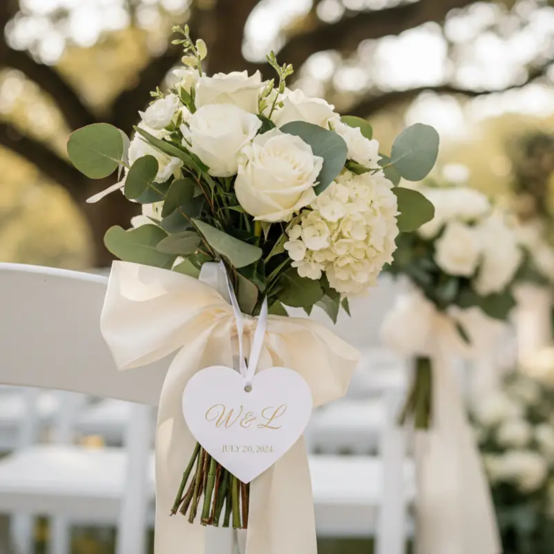 Wedding aisle floral decor with custom heart-shaped air freshener tag