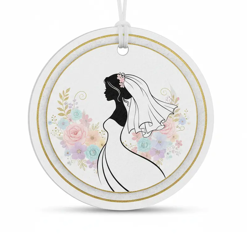 Round bride silhouette wedding paper air freshener with floral wreath