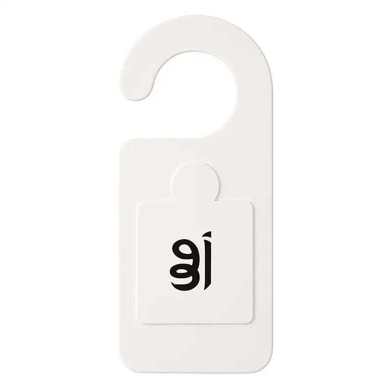 Minimalist white door-hanger air freshener with Poorcandle-style symbol, used for hotel or home fragrance